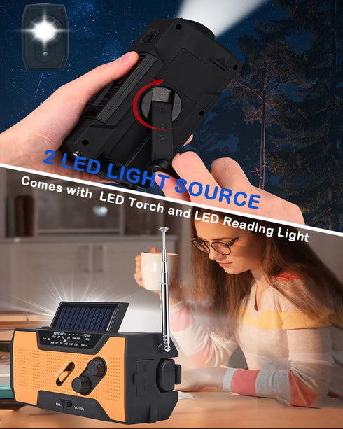 Emergency Weather Radio, Hand Crank, Portable, Solar Charging, with AM/FM/NOAA, LED Flashlights, Reading Lamp, SOS Alarm, Rechargeable (WB02 Yello...