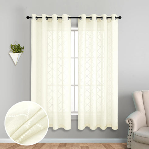 KOUFALL Quatrefoil Sheer Curtains 63 Inch Length for Living Room Cream Beige Grommet Airy Semi Sheer Curtains Faux Linen Texture Light Filtering S...
