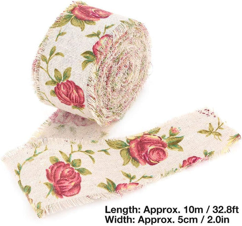 Burlap Ribbon, 32.8ft Long x 2.0in Wide Rose Flower Printed Burlap Ribbon Hessian Jute Belt Strap Wedding Cloth Decoration...