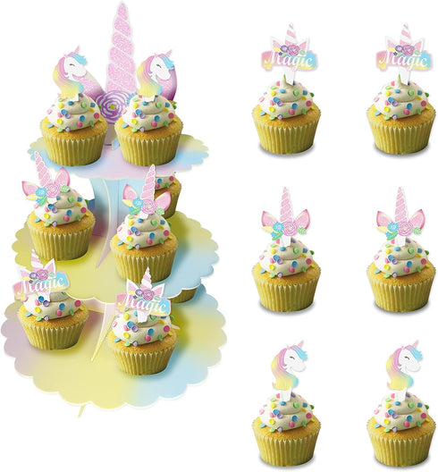 Unicorn Cardboard Cupcake Stand with Toppers 3 Tire Treat Stands Birthday Baby Shower Cartoon Theme Party Supplies Dessert Holder (1 Stand+18 pcs ...