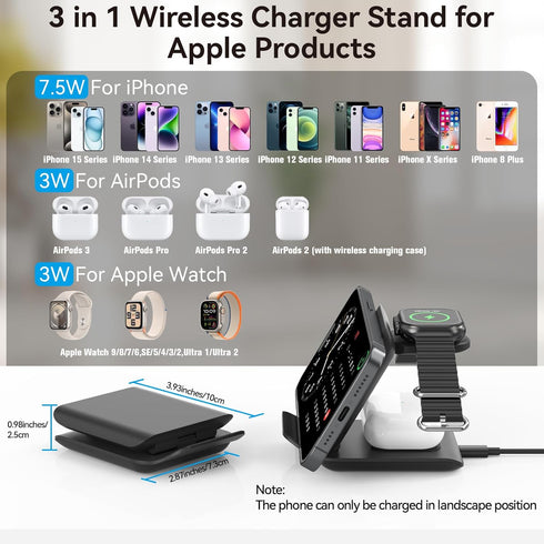 Wireless Charger Stand, 3 in 1 Foldable Fast Charging Station for Apple Multiple Devices, Compatible with iPhone 15/14/13/Pro Max/Pro/Plus/Mini, f...