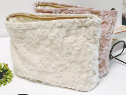Corduroy Floral Makeup Bag Cosmetic Travel Pouch, Make Up Purse Organizer, Embroidered Lace Flowers,Creamy White...