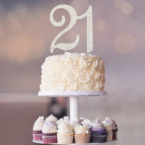21 Cake Topper - Premium Silver Metal - 21st Birthday Party Sparkly Rhinestone Decoration Makes a Great Centerpiece - Now Protected in a Box...