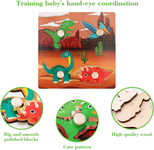 Wooden Peg Puzzles for Toddlers 1-3, Kids Educational Preschool Peg Puzzle Toy Ages 2-4, Set of 4 Dinosaur Toddler Puzzles, Ideal Gift for Ages 1 ...