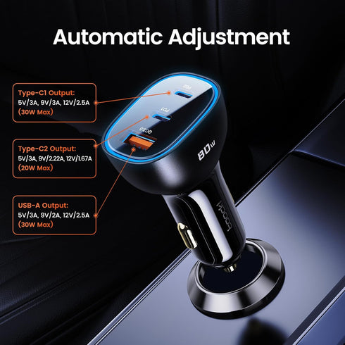 80W USB C Car Charger, 3-Port Cigarette Lighter USB Charger Adapter, QC&PD Type C Car Charger Adapter Fast Charging for iPhone 15/14/13/12 Pro Max...