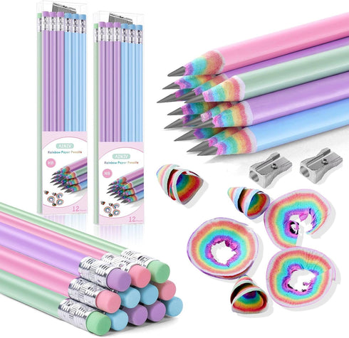 24PCS Eco-friendly Wood & Plastic Free Recycled Rainbow Paper Pencils #2 HB Pencils Number 2 Pencils Erasers Toppers with 2 Pencil Sharpener, Maca...