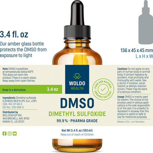 DMSO (Dimethyl Sulfoxide) 99.9% Pharmaceutical Grade 3.38oz - Glass Bottle with Dropper...