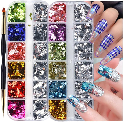 24 Grids Rhombus Hexagon Mermaid Holographic Glitter Nail Art Sequins Silver Colorful Collocation 3D Shiny Nail Art Flakes Acrylic Supplies Glitte...