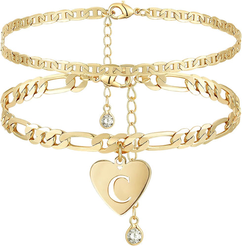 YANODA Initial Ankle Bracelets for Women, Layered Gold Anklets for Women 14k Real Gold Filled Figaro Letter Anklets for women waterproof Summer Je...