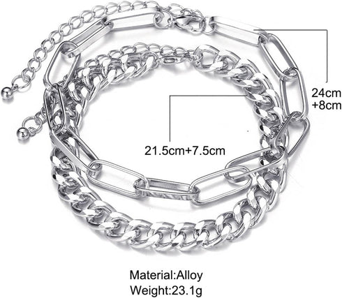 Silver Cuban Chain Anklet Bracelet Layered Paperclip Chain Foot Chain Punk Anklet Minimalist Beach Anklet 2 Pcs Set Foot Jewelry Gift for Women...