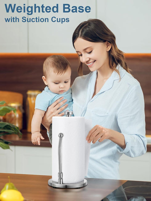 SMARTAKE Paper Towel Holder, Paper Towel Dispenser Standing Weighted Base Non Slip, Spring Arm for Easy Tear, Stainless Steel Paper Towel Holder f...