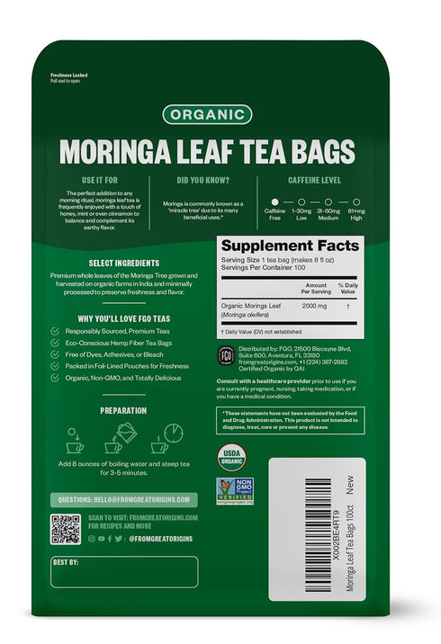 FGO Organic Moringa Tea, 100 Count, Eco-Conscious Tea Bags, Resealable Bag, Caffeine Free, Packaging May Vary (Pack of 1)...