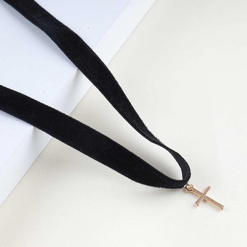 Gothic Velvet Choker Necklace Cross Pendant Necklace Short Suede Collar Necklace Black Wide Choker Necklace Jewelry for Women and Girls...