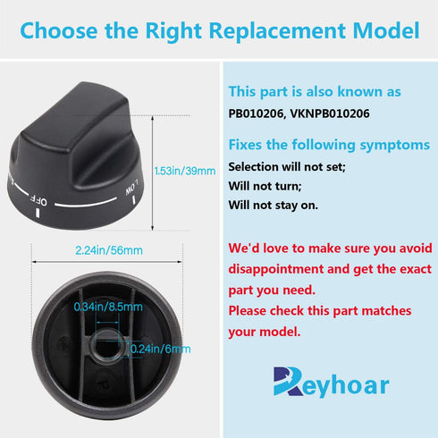 Reyhoar Viking Knob PB010206 VGSC, VGRC, VGRT Top Burner Replacement for Viking Genuine Ranges, Replace PB010206, VKNPB010206