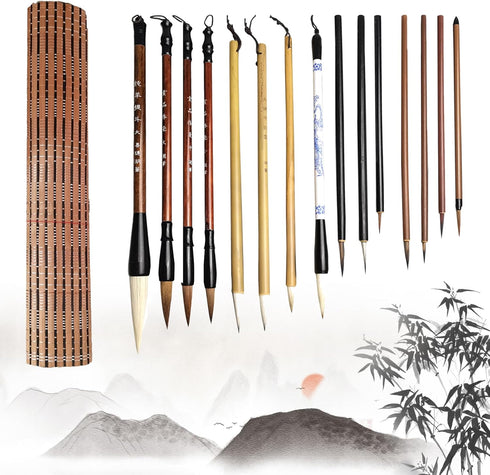 15 Pieces Chinese Calligraphy Writing Brushes Set with Writing Paper Roll-up Brush Bamboo Holder, Shanlian Hubi Kanji Japanese Sumi Drawing Brushe...