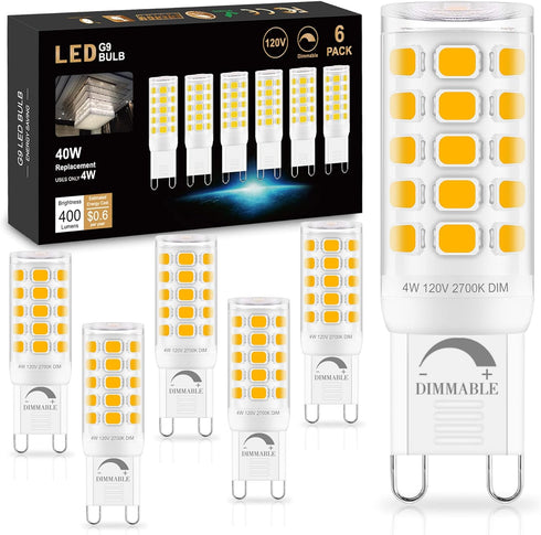 Sailstar G9 LED Bulb Dimmable 2700K Soft Warm White 6 Pack, T4 G9 4W Replacement for 40 Watts Halogen, Ceramic Bi Pin Base, 120V 400 Lumen 360°Bea...