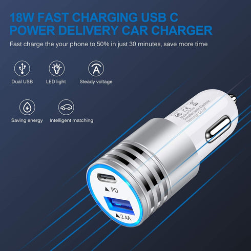 Car Charger USB C, 2Pack 30W PD+2.4A Dual Port Fast Charge Car Adapter Type C Rapid Car Charging Plug Cigarette Lighter for iPhone 15/14/14 Pro/14...