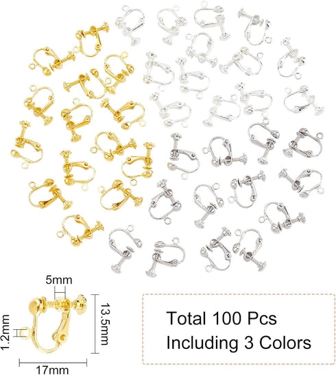 NBEADS 100 Pcs Screw Adjustment Brass Screw Clip Earring Converters, Random Mixed Color Clip-on Earring Findings Components Screw Back Ear Wire wi...