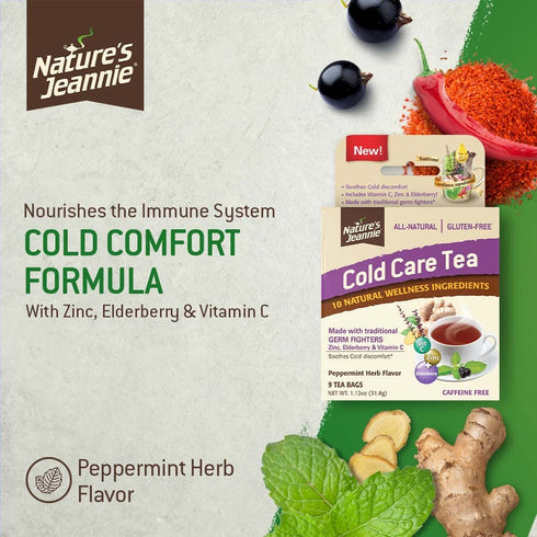 Nature's Jeannie Cold Care Tea - Peppermint Herb Flavor - 9 Tea Bags - Soothes Cold Discomforts with Zinc, Vitamin C, Elderberry, & Traditional Na...