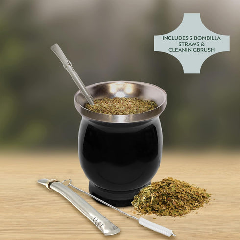 Norte Yerba Mate Cup Kit, 8-Ounces Traditional Mate Tea Cup/Gourd Set | Includes 2 Bombillas (Yerba Mate Straw) & Cleaning Brush, Stainless Steel ...