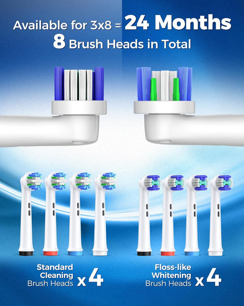 Rotating Electric Toothbrush for Adults with 8 Brush Heads (2 Types), 4 Modes Deep Clean Electric Toothbrush with Rechargeable Power and 2 Min Sma...