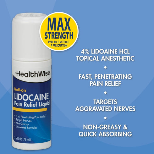 HealthWise 4% Lidocaine Roll-On | OTC Strength | Pain Relief Liquid | 2.5 oz. 73 mL | Non-Greasy, Unscented Formula | Topical Anesthetic...