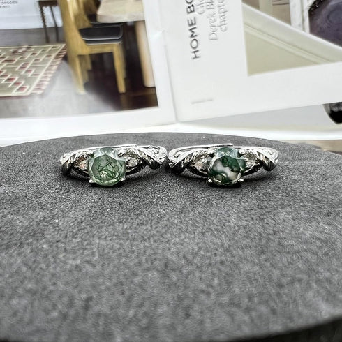 Moss Agate Ring for Women Silver Vintage Open Green Gemstone Rings for Wedding Fashion Engagement Jewelry Gifts...