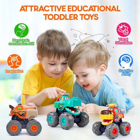 Toy Cars For 1 2 3 Year Old 3 Pack Monster truck Toy Push & Go Crocodile Friction Powered Bull Pull Back Leopard Car Big Wheel Animal Car Baby Toy...
