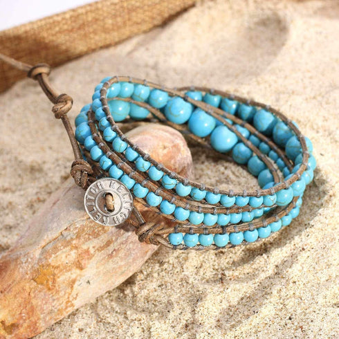 KELITCH Turquoise Mother of Pearl Silver Mix Beaded 3 Wrap Bracelet Handmade New Cuff Jewelry...