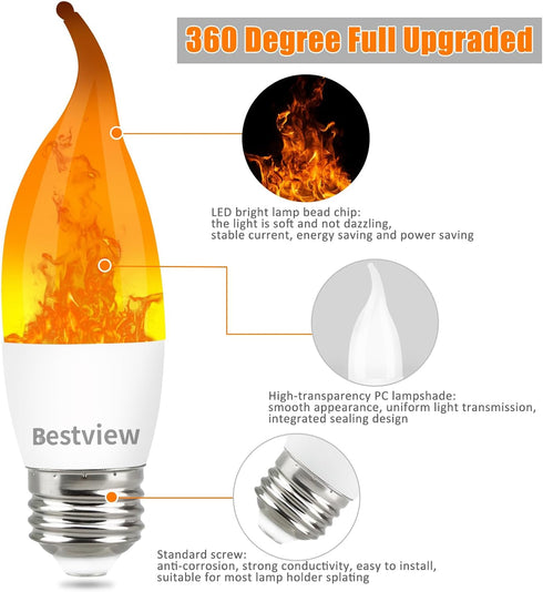 Bestview LED Flame Effect Light Bulbs,3 Modes Smart E26 Chandelier Base Flickering Candle Fire Light Bulb for Halloween, Christmas, Party, Porch, ...