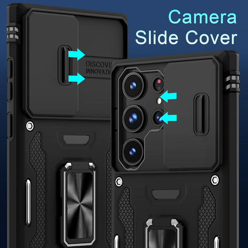 DEERLAMN for Samsung Galaxy S24 Ultra Case with Slide Camera Cover+Screen Protector (1 Pack), Rotated Ring Kickstand Military Grade Shockproof Pro...