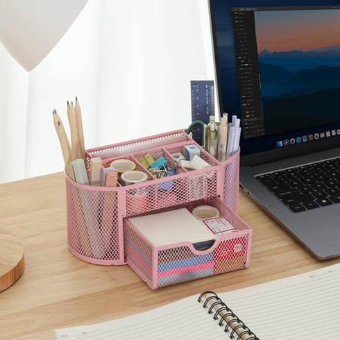 EOOUT Pink Desk Organizer, Pen Holder for Desk and Accessories, Mesh Desk Organizer with 8 Compartments and 1 Drawer for Office Home School Classr...