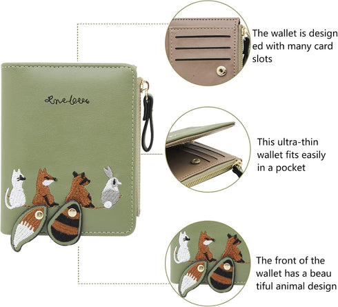 Womens Wallet, Leather Purse Credit Card Holder with with Embroidered Animal Pattern, Portable and Small Wallets for Women with Zipper Pocket (gre...