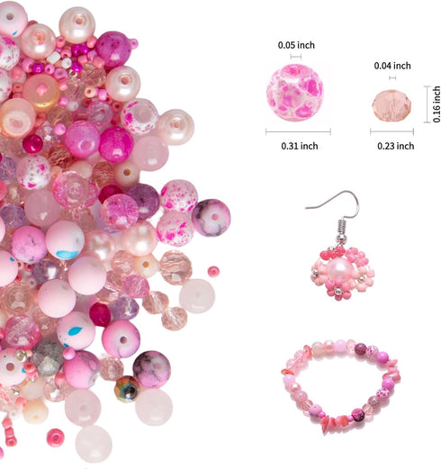 Keip Taoun Pink Glass Beads for Jewelry Making, Bracelet Beads Set for Girls, 1000pcs Including 8mm Assorted Round Beads, 6mm Bicone Crystal Beads...