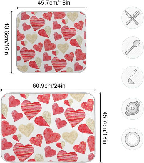 Red Gold Watercolor Hearts Love Dish Drying Mat 16x18 for Kitchen Valentine's Day Love Flowers Dishes Pad Dish Drainer Rack Mats Absorbent Fast Dr...