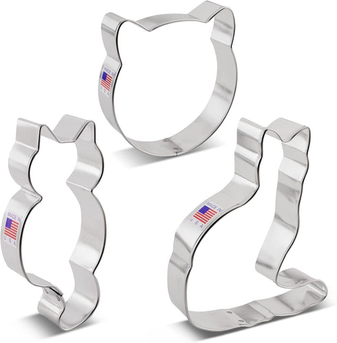 Cat Cookie Cutters 3-Pc. Set Made in USA by Ann Clark, Cat Face, Sitting Cat, Curled Cat...