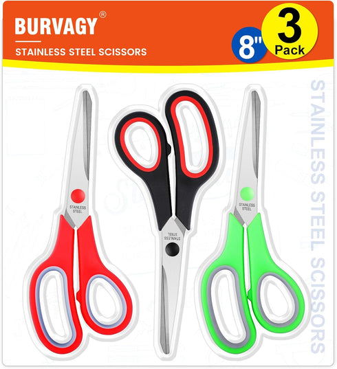 Scissors Set of 3-Pack, 8" Scissors All Purpose Comfort-Grip Handles Sharp Scissors for Office Home School Craft Sewing Fabric Supplies, High/Midd...