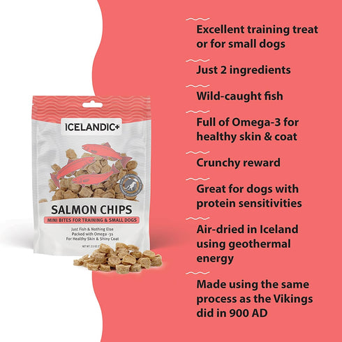 Icelandic+ Mini Fish Chips: Salmon 2.5oz - Dog Treats, for Training & Small Dogs, 2 Ingredient Air-Dried Crunchy Chips...