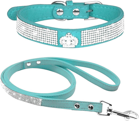 Cute Dazzling Sparkling Elegant Fancy Soft Suede Leather Bling Rhinestone Crystal Jeweled Pet Cat Dog Puppy Collar Leash Combo Set (M, Blue-5), Me...