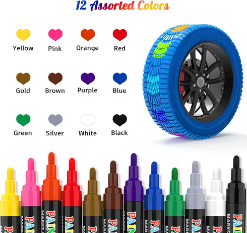 Paint Markers Pens, 12 Colors Oil-Based Waterproof Fancy Paint Markers, Quick Dry Permanent Push Markers Set for Tire, Rock, Wood, Plastic, Canvas...