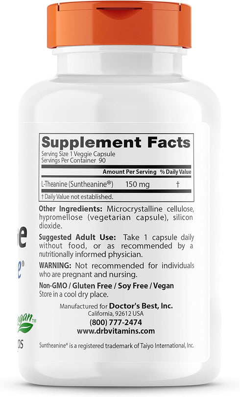 Doctor's Best L-Theanine Contains Suntheanine, Helps Reduce Stress & Sleep, Non-GMO, Gluten Free, Vegan, 150 mg (DRB-00197), 90 Count...