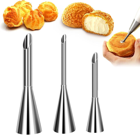 Suuker Cream Piping Tips, Stainless Steel Long Cream Puff Nozzle Decor Small Pastry Icing Piping Decorating Tools (3 Pieces)...