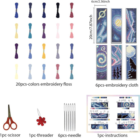 ORIGACH 6 Set Cross Stitch Bookmark Kit for Beginner Starry Sky Pattern DIY Stamped Embroidery Bookmark Kit with 20 Colors Embroidery Floss Instru...