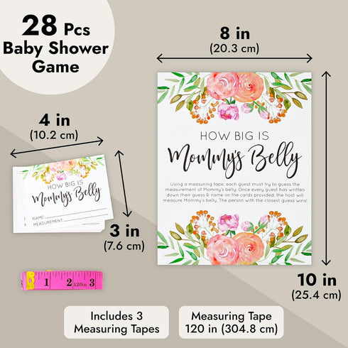 Sparkle and Bash Baby Shower Measuring Game - Pink 28-Piece Set - How Big is Mommy’s Belly with 24 Guess Cards, 3 Pink Tapes & Sign for Moms-to-Be...