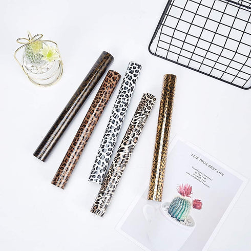 5pcs/Set Leopard Patterned Heat Transfer Vinyl, Stretchable 12" x 10" Cheetah Print HTV Vinyl Sheets for T-Shirt Decoration and DIY Craft Material...
