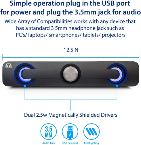 Desktop Compact USB Powered Wired Multimedia Mini Stereo Sound Bar 3.5mm Audio Jack Blue LED 2.5 Watts Speaker...