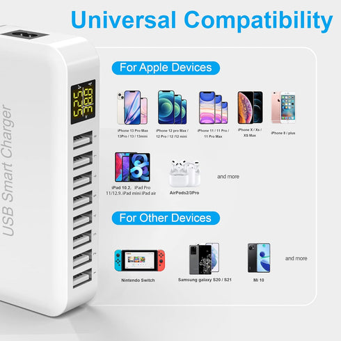 USB Charging Station, Ziwodiv 8-Port 60W/12A USB Charger Station, Multi Ports USB-A Charging Hub with LED Display, Compact Desktop Charger for Mul...