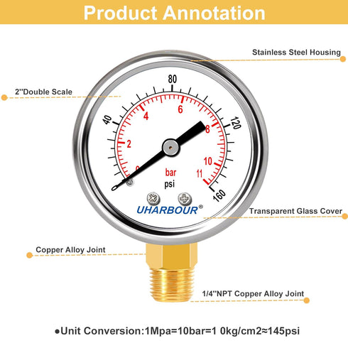 Lead-Free Pressure Gauge 0-160psi 1/4" NPT Lower Mount 2" Dial Stainless Steel Case, Pressure Gauge for Water Air RV...