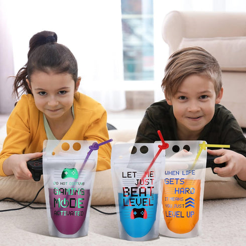 Video Game Party Favors Drink Pouch Cups with Straws Plastic Drink Pouches Clear Zipper Bags Reusable Drink Pouches for Birthday Party Decor Gamer...