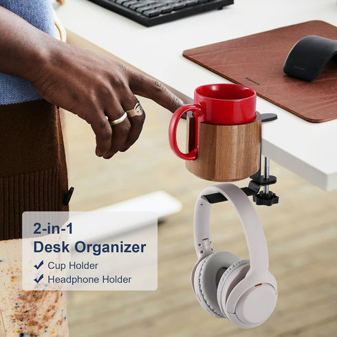 Nnewvante Desk Cup Holder, 2 in 1 360° Rotating Headphone Hanger Under Desk, 360° Anti-Spill Cup Holder, Table Cup Holder for Water Bottles, Gamin...